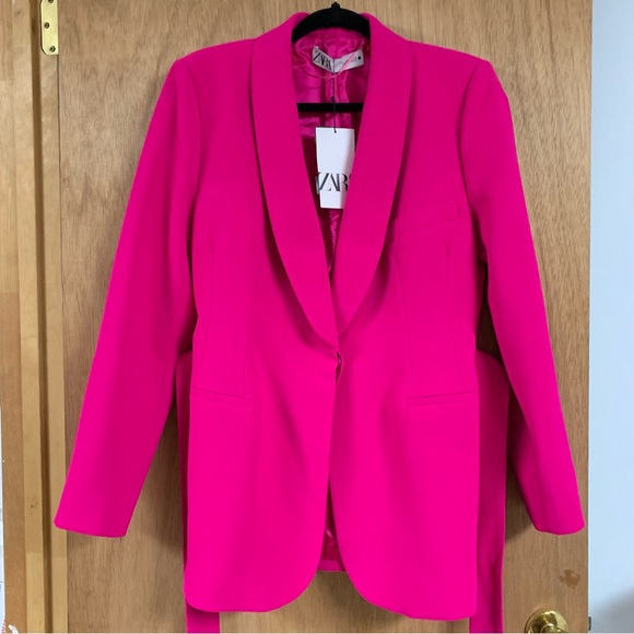 ZARA Hot Pink Belted Tuxedo Collar BLAZER! Lined Barbiecore Business Casual NWT - Picture 8 of 14